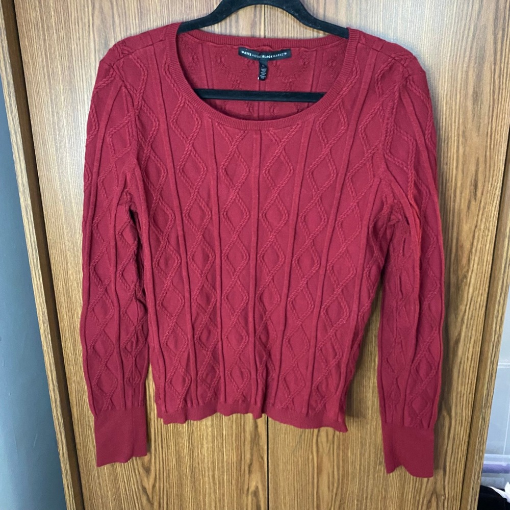 White House Black Market Sweater Women Large Red Diamond Cable Knit Scoop Neck